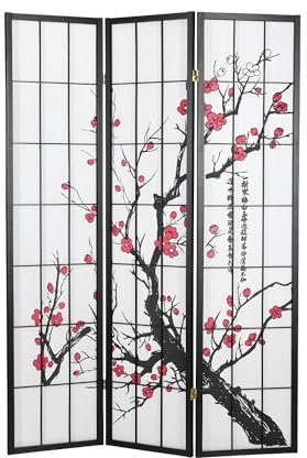 Homestyle4u Paravent Raumteiler 3 teilig Holz Schwarz Shoji Reispapier Weiß Kirschblüte Trennwand Sichtschutz | Artikel 63