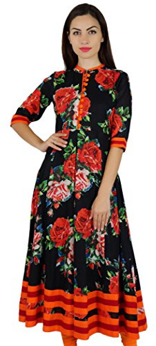 Bimba kvinnor med blommönster i svart bomull Kurta mandarinkrage anarkali Kurti indisk designer etnisk klänning