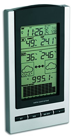 TFA Dostmann Gaia Funk-Wetterstation, 35.1083, mit Wettervorhersage, Sturmwarnung, Innentemperatur, Luftfeuchtigkeit, Außentemperatur, Funkuhr mit Zeitzonenkorrektur, 101 x 33 (75) x 187 mm, silber