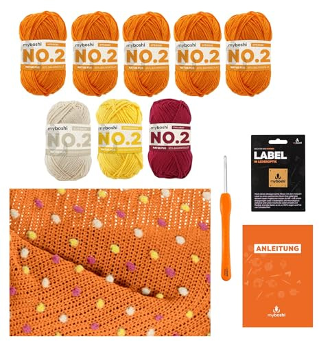 myboshi Häkelset Babydecke Pünktchen für Anfänger, inkl. No.2 Wolle, Nadel und Anleitung, für Babys und Amigurumi, Häkelpaket, 85% Baumwolle, 15% Kapok Orange, mit Häkelnadel