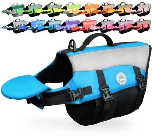 VIVAGLORY Front Float Dog Life Jacket, Dog Buoyancy Aid for Swimming & Boating, Life Vest with Chin Float & Handle, Ripstop & Buoyancy for Doggy, S, Blue