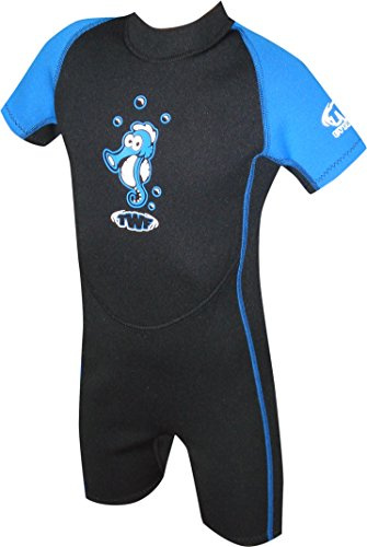TWF KIDS SHORTY WETSUIT SHORTIE CHILDS CHILDRENS BOYS GIRLS UV SWIM SUN WET SUIT PIRATE SEAHORSE (Blue Seahorse, 5-6 Years)