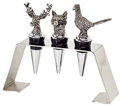 EDZARD 3er Set Edelstahl Flaschenverschlüsse mit Ständer, Hirsch, Fuchs, Fasan, Höhe 9 cm