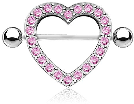 Paula & Fritz® Brustwarzen-Piercing Brustpiercing Frau Maenner Intimpiercing Mann Nippelpiercing Herz Silber Roségold Rand Zirkonia Clear Pink Edelstahl Chirurgenstahl 316L