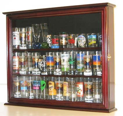 Wall Mounted Curio Cabinet/Sports Shot Glass Display Case, Solid Wood, Glass Door, SC04B-MAH