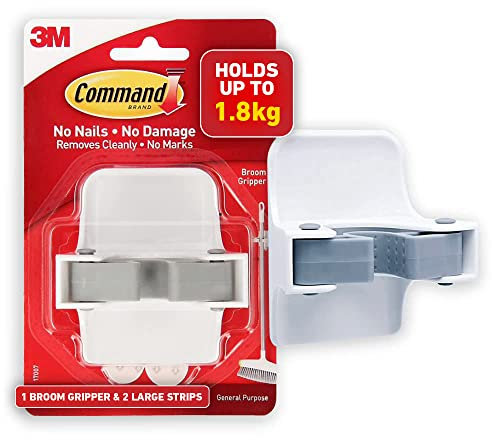 Command Broom Gripper, 1 Broom holder and 2 Adhesive Strips, Suitable for storing brooms and mops up to 1.8 kg