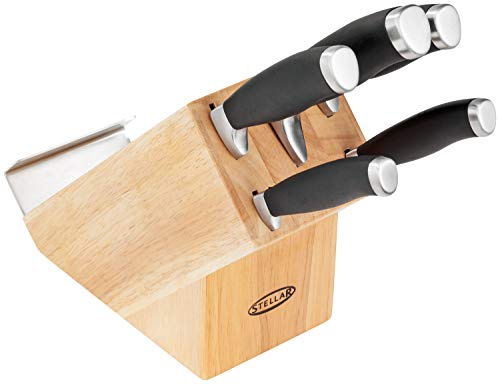 Stellar James Martin Kitchen Knife Set Wooden Block with Knives - 5 Piece Set, Carbon Stainless Steel, Razor Sharp Blades, Anti-Slip Handles