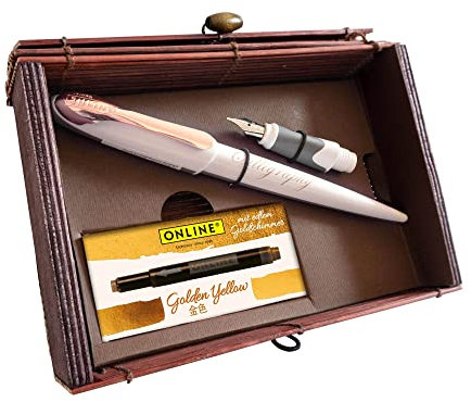 ONLINE 10059 Kalligrafie Set I Schönschreibfüller Air White Rose I Kalligrafie-Federn in 2 Strichstärken 0,8 / 1,4 mm I 5x Tintenpatronen Gold I Geschenkset für Kalligraphie Fans in Geschenkbox
