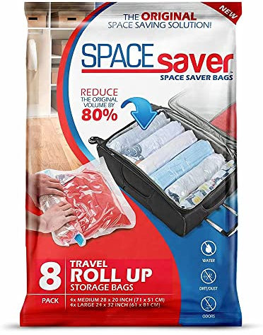 Spacesaver Premium Roll-up Storage Bags for Max Space Saving! 80% More Storage! No Pump or Vacuum Needed - Perfect for traveling! (Travel 8 Pack)
