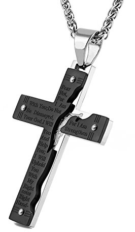 HZMAN Men's Stainless Steel Jesus Christ Crucifix Cross Lord's Prayer Pendant Necklace (Black)