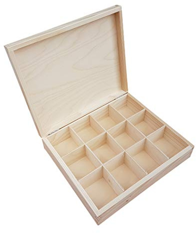 Wooden Tea Bag Box with Twelve Compartments, Unpainted