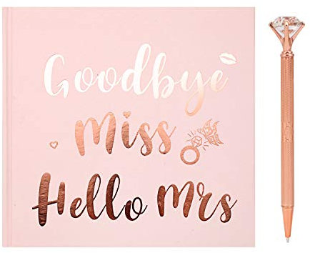 HOWAF Goodbye Miss Hello Mrs Libro de visitas de despedida de soltera, Boda, Team Bride Libro de Consejos de oro rosa, incluye bolígrafo