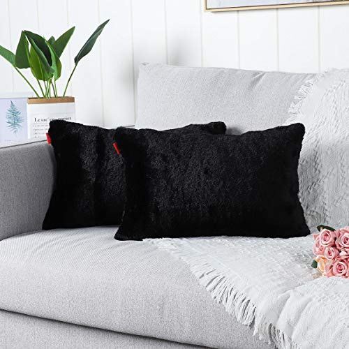 Mandioo Lot de 2 Housses de Coussin en Fausse Fourrure Noir 30x50cm Taie d'oreiller Douces Moelleuses et Parfaites pour Décorer Votre Canapé Chambre ou Voiture