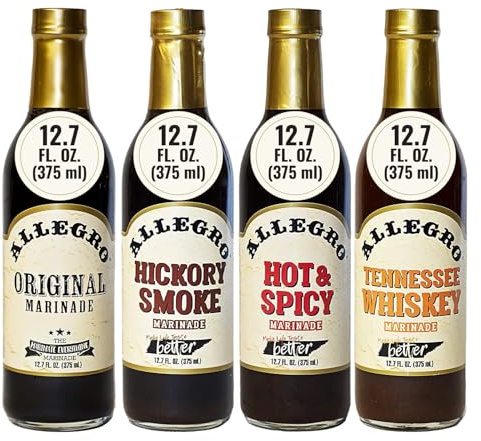 ALLEGRO - The Marinate Everything Marinades Variety Pack| Sauce for Meat & Veggies| Marinade for Grilling & Roasting| 12.7 Oz Each - (Pack of 4) Original, Hickory Smoke, Hot & Spicy, Tennessee Whiskey