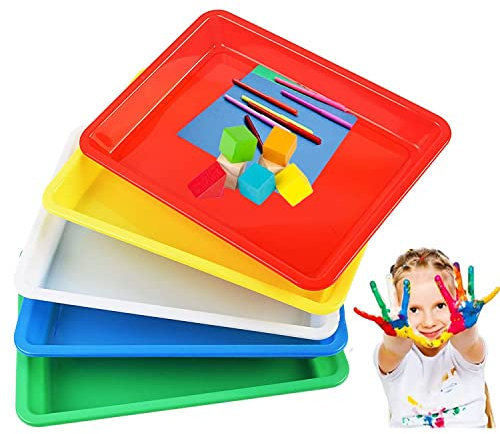 CYYSHR 5 Pcs Plastic Serving Tray Play Art Activity Trays Anti-Slip Crafts Organizer for Crafts, DIY Projects, Painting, Beads - 28 x 21 x 3cm, Yellow, blue, multicolor, white, green, red