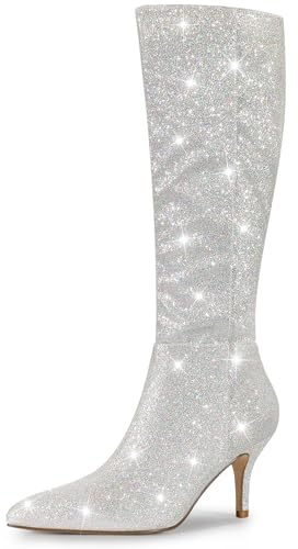 Allegra K Bottes hautes pour femmes à bout pointu scintillant scintillant et talon aiguille Argent 37.5