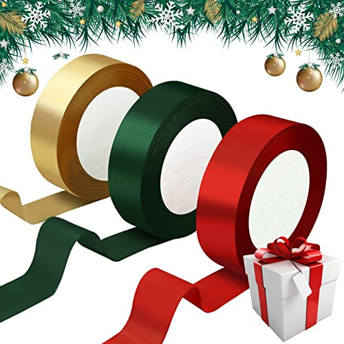 Annhao Geschenkband Weihnachten, 25mm x 69M Schleifenband Weihnachten 3 Rollen Satinband Rot Dunkelgrün Gold zum Basteln Geschenkverpackung, Dekoband für Weihnachten Geschenk Hochzeit Geburtstag Party