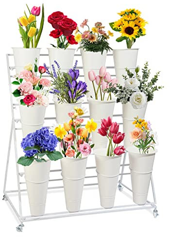 FPIGSHS Flower Display Stand with Buckets - 3 Tiers 12 Buckets, Plant Stand, Mobile Flower Shop Display Stand with Wheels,for Indoor Outdoor Patio Garden, Living Room, Florist (Color : A)