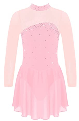 YiZYiF Kinder Mädchen Eiskunstlauf Kleid Langarm Tanzkleid Glitzer Ballett Trikot Rollschuhkleid Turnanzug Wettbewerb Tanzkleidung Rosa_B 134-140/9-10 Jahre