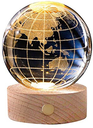BYNYXI Bola de cristal 3D luz nocturna Tierra,USB Touch Lámpara de noche con base de madera,luz blanca,espacio,luna,tierra,astronauta,8 cm,sistema solar,galaxia,bola de cristal,lámpara de noche,