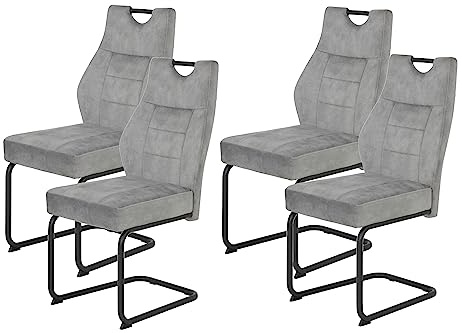 Hela Tische, 4er Set Esszimmerstuhl Schwingstuhl Linda, Mikrofaser Silber, Rundrohgestell grau, Komfortsitz Federkorb, 140kg belastbar