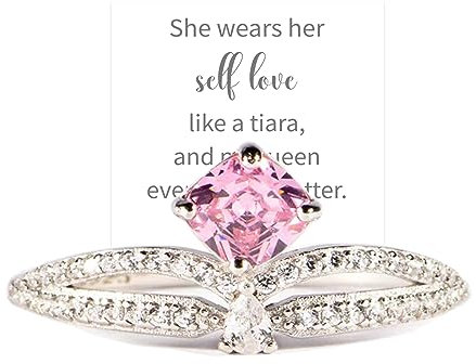 OVNMFH Selbstliebe-Doppelband-Tiara-Ring, S925-Sterlingsilber, Zwillingsring, doppellagig, rosafarbener Kristallring, Zirkonia, Versprechensringe für Frauen und Mädchen (7)