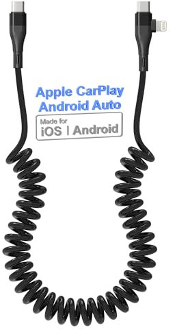 Cavo a Spirale USB C/Lightning per Carplay e Android Auto - Certificato MFi, Sincronizzazione Dati e Ricarica per iPhone 15 14 13 e Android