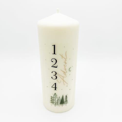 Adventskerze mit winterlichen Motiv Stumpfkerze Spruch Advent mit Zahlenmotiv Weihnachtsdeko (Forest)