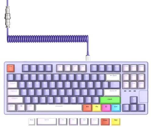 A.JAZZ 75% teclado para juegos con cable, interruptor pre-Lubed Custom TKL 80% Gasket Teclado mecánico, Light Up QWERTY Color PBT Keycap 87 Anti-Ghosting, Cable USB-C en espiral para PC/Mac - Lila