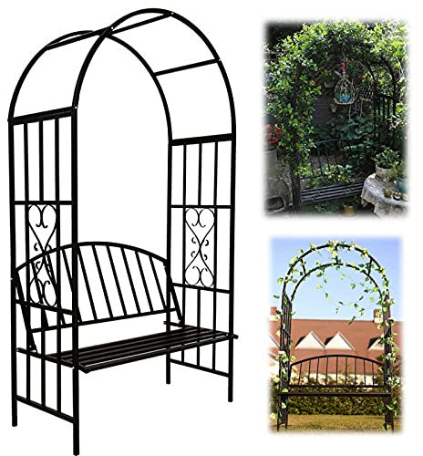 IBOWZ Metal Garden Arch Garden Arch Arbour with Bench Love Seat, Outdoor Patio Rose Arch Trellis Pergola, Ideal for Climbing Vines and Plants Archway Tubular - 114L x 64W x 205H cm