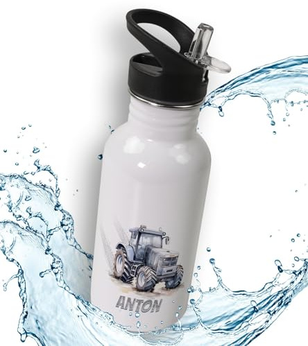 timalo® Trinkflasche für Kinder personalisiert mit Namen | auslaufsichere Edelstahl Sportflasche Kindergarten Schule Geschenk für Jungen und Mädchen 400mL | Traktor