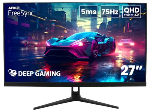 DeepGaming Monitor 27 Pulgadas QHD IPS, HDR, 75Hz, 5ms, LED, 16:9, Altavoces Integrados 2 x 3W, Tecnología FreeSync, Entradas HDMI y DisplayPort, VESA 100x100, Negro