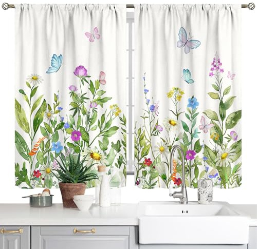 Yrivto Floral Butterfly Kitchen Curtains Country Style Colorful Watercolor Design Short Cafe Curtains for Bathroom Kitchen Living Room 2 Panels(28x39) with Rod Pocket