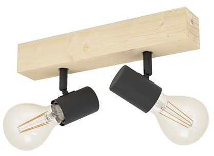 EGLO Deckenlampe Townshend 3 2 flammiger Vintage | Deckenspot im Industrial Design, Retro Lampe aus Stahl und Holz, schwarz, braun, E27 Fassung, FSC zertifiziert