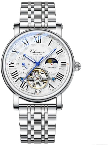 DAXIAOYU Lyxig urholkad Tourbillon klocka män läderrem affärsmode skelett automatiska mekaniska klockor månfas lysande vattentät armbandsur, Silver/vit, Lyx