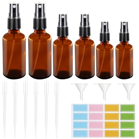 TOKSEO 6-teiliges Braunglas Sprühflaschen-Set, 30/50/100 ml, mit Trichter, Tropfer und Aufkleber, UV-beständig, für Reisen und Alltag, BPA-frei