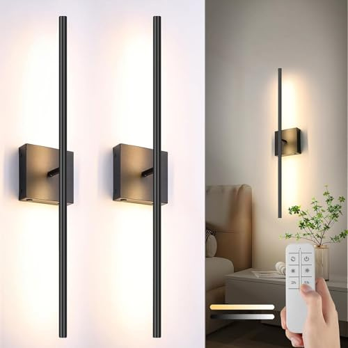 XLERDZSW LAI HO Battery Operated LED Wall Sconces Set of Two, Black Rechargeable with Remote Control 3000K-6000K Dimmable 350° Rotate, Wall Light for Living Room Stairs Hallway Bedroom