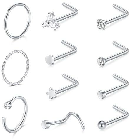 AceFun Set Piercing Naso in Acciaio Inox - Anelli Sottili a Forma L con Strass 20G - Oro e Argento