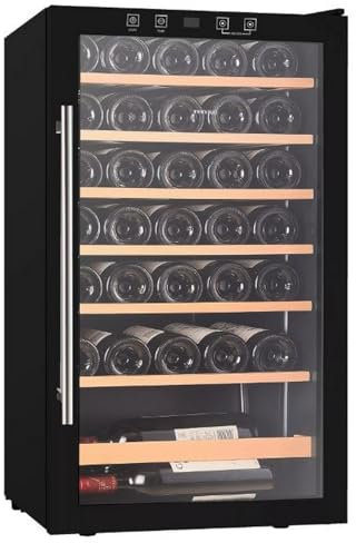 INFINITON Vinoteca WFL-34C, 34 Botellas, Luz LED en el interior, Sistema de enfriamiento No frost, Acabado exterior Crystal BLACK, Tirador exterior de acero inoxidable, G