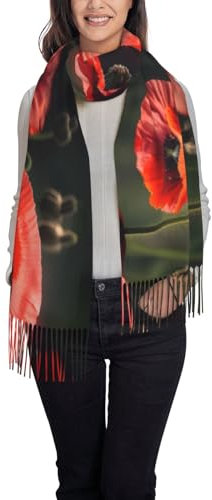 Schal mit Quaste, roter Mohnblumen-Druck, Schal, Schal, Herbst-Winter, modisch, Fransenschal, Schwarz, Einheitsgröße, Schwarz, EinheitsgröÃŸe