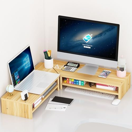 YFWOKSL Soporte para Monitor, Soporte de Esquina para Monitor, Soporte para Dos monitores, Soporte de Esquina de Madera para Escritorio de 2 Niveles con Almacenamiento, Estante Extra Largo para moni