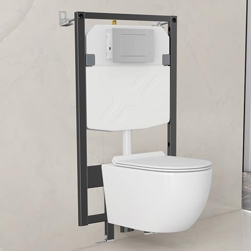 Wall Hung Toilet with Tank, Eridanus Wall Mounted Toilet Combo Set, 2x4 In-Wall Toilet Tank Carrier, Dual-Flush Plate Included, Floating Bowl With Soft-Close Seat, Glossy White, 2 Separate Packages