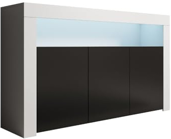 MB Muebles Bonitos, Buffet Aker avec Lumière LED et 3 Portes pour Salon et Salle à Manger, Meuble TV en Mélamine Mate, Couleur Blanc et Noir, 155x91,5x37 cm