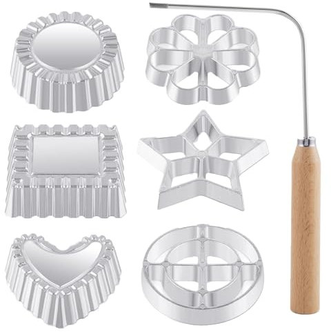 7 Pieces Rosettes Timbale Set Rosette Making Set With Handle Flower Bunuelos Cookie Shaping Kit Funnel Cake Maker Kit Sandwich Eyes (Silver, 24.5X12CM)