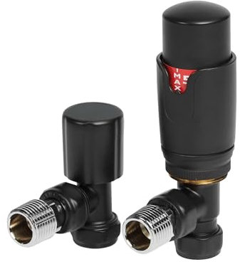 Black Thermostatic Radiator Valve Angled - 15mm x R 1/2 TRV & Lock Shield