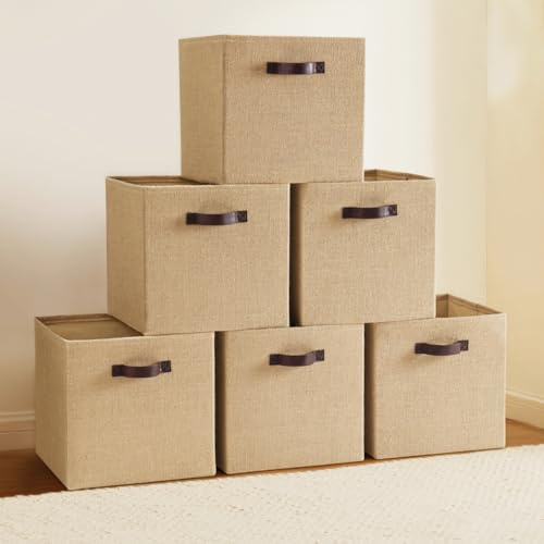 Ornavo Home 13 x 13 Storage Cube Bins, 6 Pack Jute Baskets, Fabric Storage Bins Shelf Basket Cube Organizer for Closet Foldable Collapsible with Leather Handles