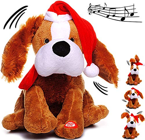 alles-meine.de GmbH XL - singender & Tanzender - Hund - Jingle Bells - Plüschtier mit Sound & Bewegung - 26 cm - aus Stoff/Plüsch - Weihnachtsmann/Weihnachtshund/Welpe - Ti..