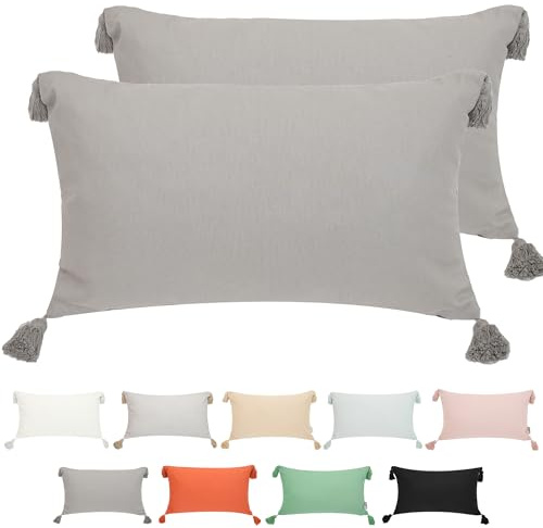 Viste tu hogar Pack 2 Cojín Decoración 100% Algodón con Borlas, Cremallera Oculta, Tejido Suave y Transpirable, Estilo Bohemio Chic para Salón, Dormitorio o Terraza, Griso, 30X50CM