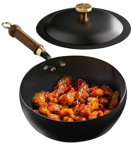 Chinese Handmade Cast Iron Wok, Frying Pan with Lid and Wooden Handle, No Coating Chinese Pow Wok, Non-Stick Pan, Kitchen Supplies, for Home, Apartment, Camping, Restaurant, 20/24/26cm