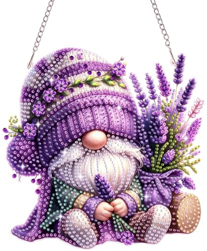 Bowetile Diamantmålning, hänge, tomte och blommor, gnome diamantmålning, fönsterbilder vuxna, barn hängande ornament, motiv, pysselset för fönsterbilder, vägg, trädgård, dekor, gåva